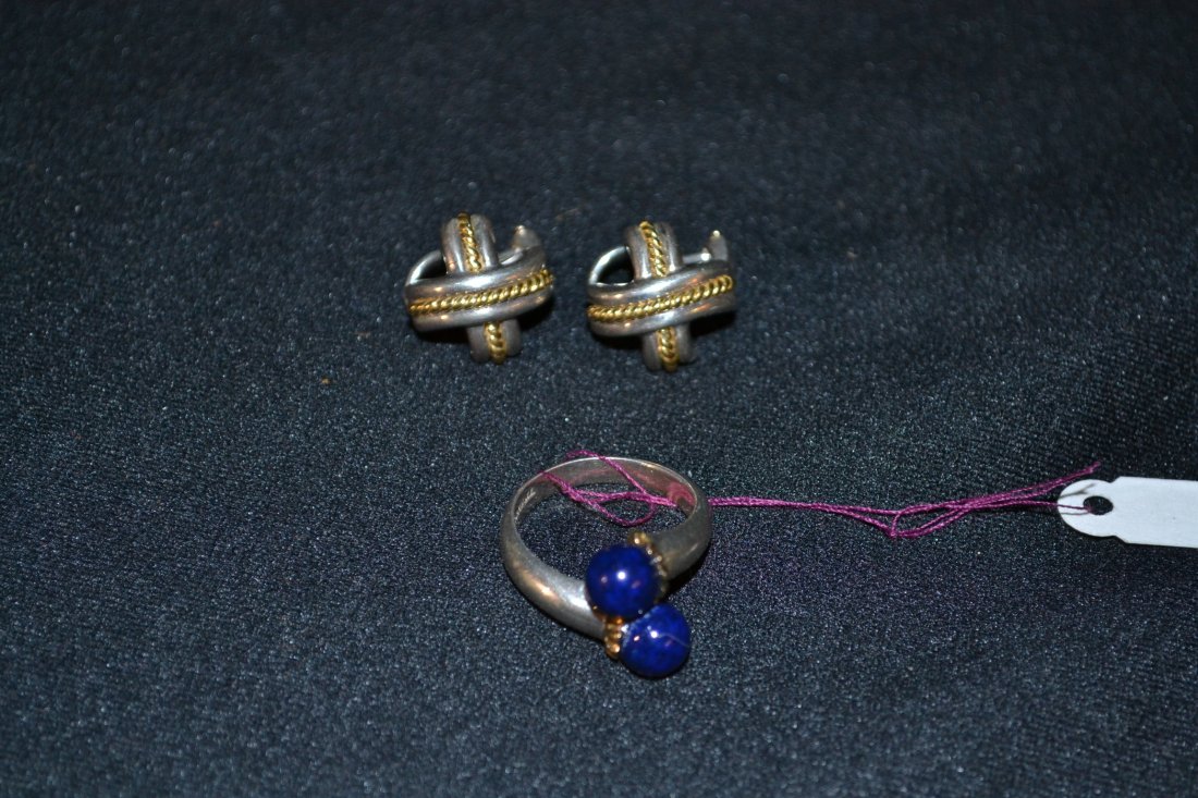 (Pr) STERLING SILVER & 18kt TIFFANY EARRINGS /: STERLING & 18kt TIFFANY RING WITH LAPIS & (Pr) STERLING SILVER & 18kt TIFFANY EARRINGS