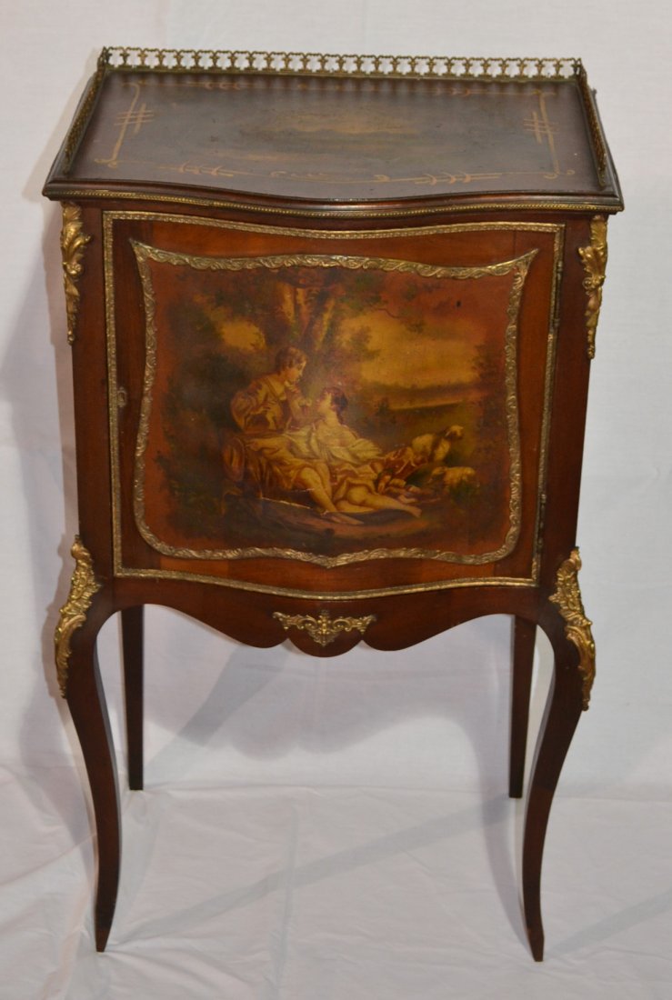 VERNIS MARTIN STYLE SCENIC MUSIC CABINET: HAND PAINTED VERNIS MARTIN STYLE SCENIC MUSIC CABINET WITH BUBBLE FRONT, BRONZE MOUNTS & GALLERY ...HAS ROMANTIC SCENE ON FRONT , LANDSCAPE ON TOP & MUSICAL MOTIF ON SIDES - 22 1/4" x 14 1/2" x 39"