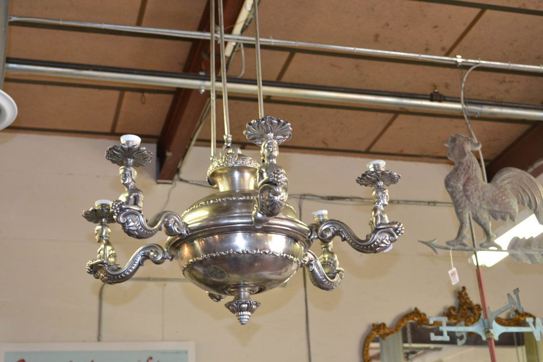 FIGURAL 6-ARM SILVERED CHANDELIER WITH (5): ALABASTER SHADES