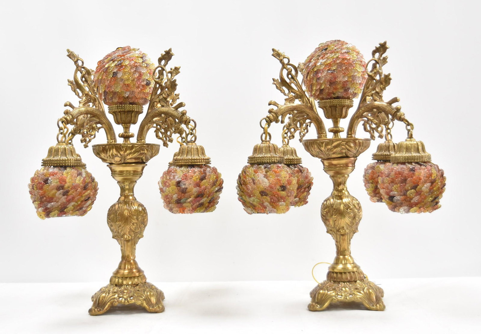 (Pr) BRONZE & BEADED COLORED GLASS LAMPS (1 of 11)