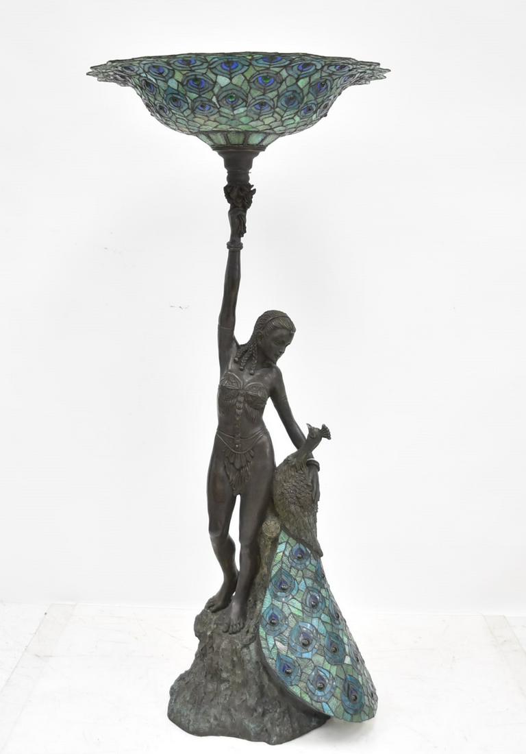 AFTER WOLFERS , BRONZE & LEADED GLASS FLOOR LAMP: AFTER PHILLIPPE / MARCEL WOLFERS , ART NOUVEAU STYLE LARGE SCULPTURAL FLOOR LAMP DEPICTING NUDE WOMAN STANDING ON ROCK HOLDING LEADED GLASS SHADE WITH BRONZE & LEADED GLASS SON) - 29" x 66"PEACOCK BY