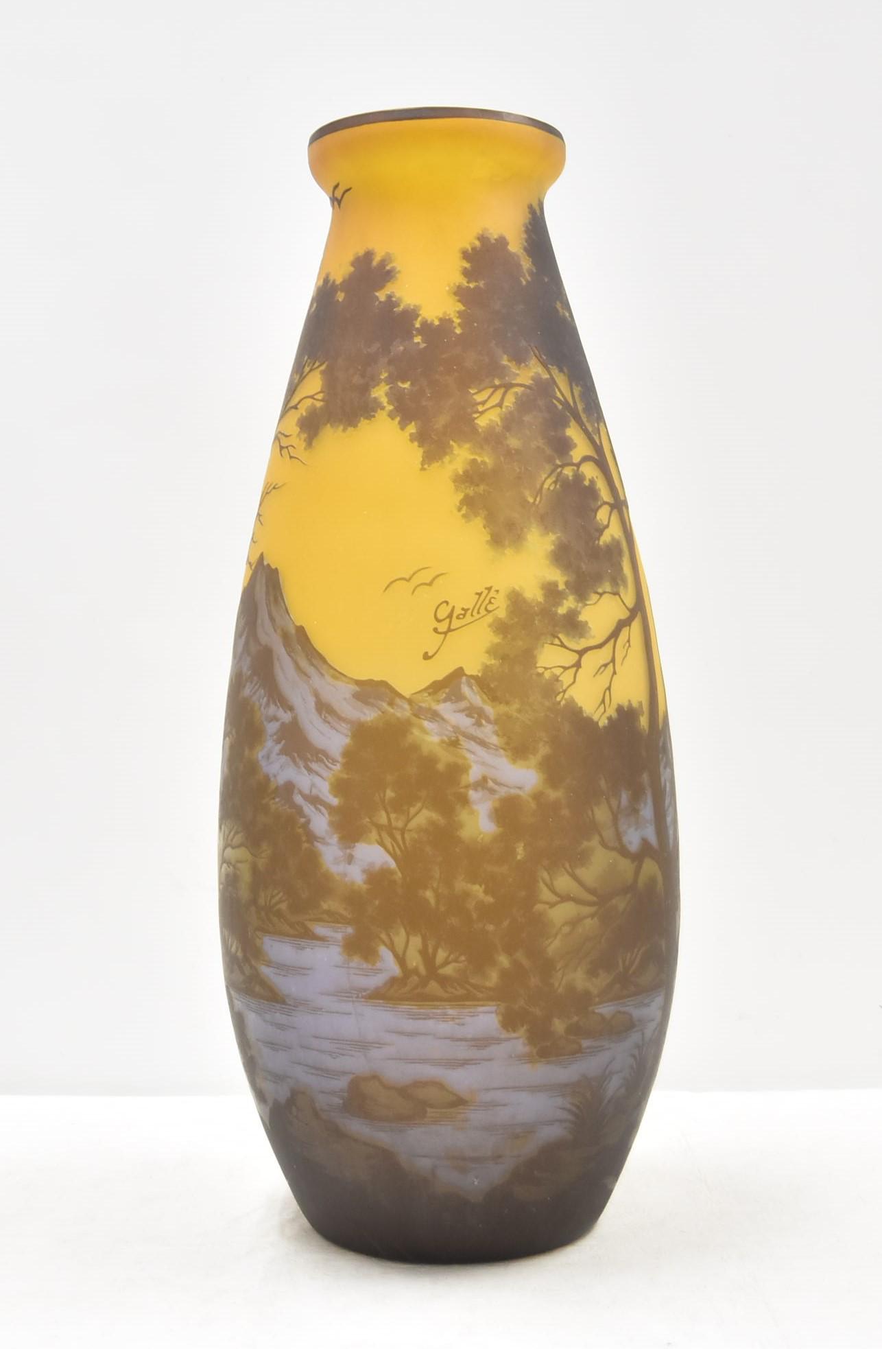 LARGE GALLE STYLE ART GLASS VASE WITH MOUNTAINS (1 of 15)