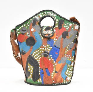 WINFRED REMBERT , TOOLED LEATHER STORY BAG: WINFRED REMBERT (1945-2021) WINFRED REMBERT TOOLED LEATHER STORY BAG ; DYE ON CARVED & TOOLED LEATHER ART BAG , ,TITLED FROM HIS WEBSITE "A COTTONFIELD CARRY ALL" ; THIS BAG WAS FEATURED ON HIS WEBSIT