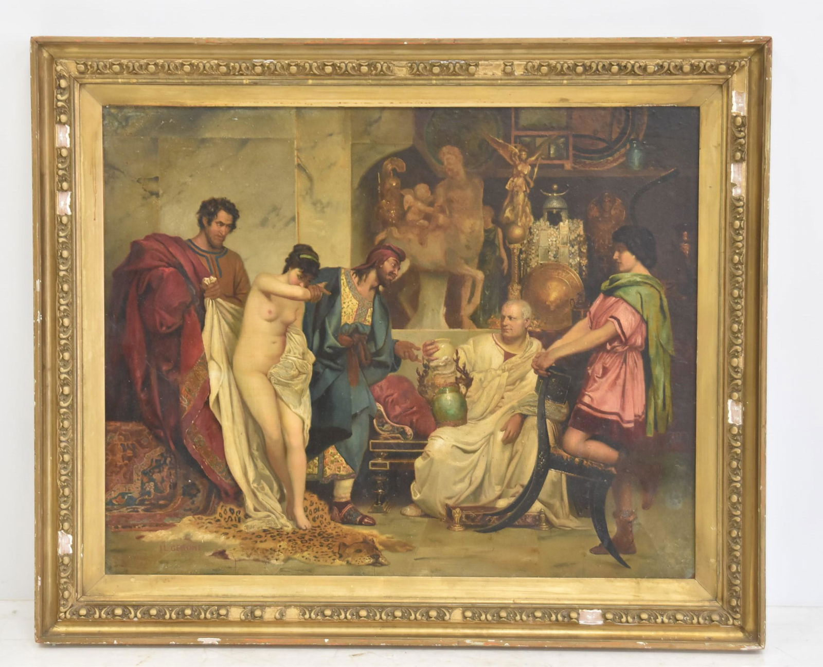 AFTER JEAN LEON GEROME , OIL ON BOARD SLAVE TRADER: AFTER / ATTRIBUTED TO JEAN LEON GEROME (FRENCH, 1824-1904) OIL ON BOARD ROMAN SLAVE MARKET TRADER , SIGNED JL GEROME , LOWER LEFT - OIL IS 30" x 24" ; 35 1/2" x 29 1/2" FRAMED