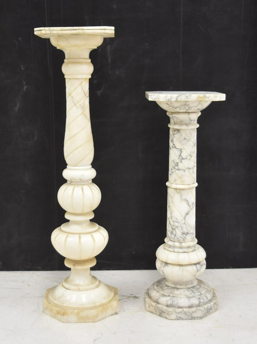 (2) ALABASTER PEDESTALS: (2) ALABASTER PEDESTALS - LARGEST IS 10" x 10" x 40" (SOME CHIPS & LOSS)