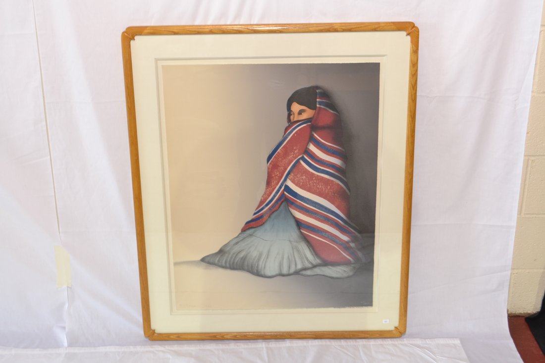 HAND SIGNED & NUMBERED R.C. GORMAN LITHOGRAPH: OF GIRL WRAPPED IN BLANKET "TAOS SHADOWS" 1983 60 / 200 - 24 1/2" x 30 1/2" , 33 1/2" x 40"