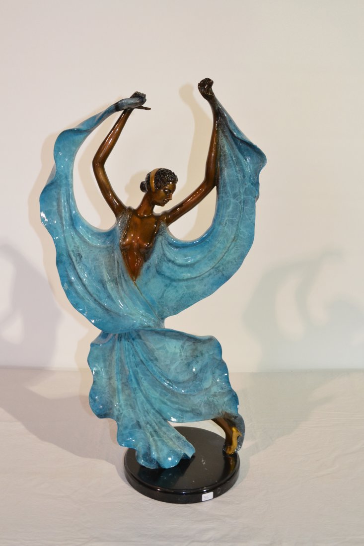 PAINTED BRONZE SCULPTURE OF DECO DANCER: SIGNED JULEUS ERTE - 14" x 26"
