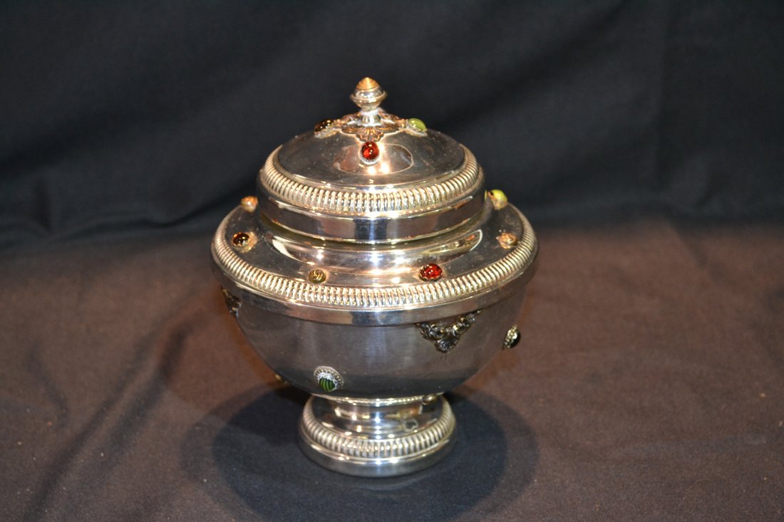 JEWELED SILVER PLATE CAVIAR SERVER WITH: GLASS LINER - 6 1/2" x 8"