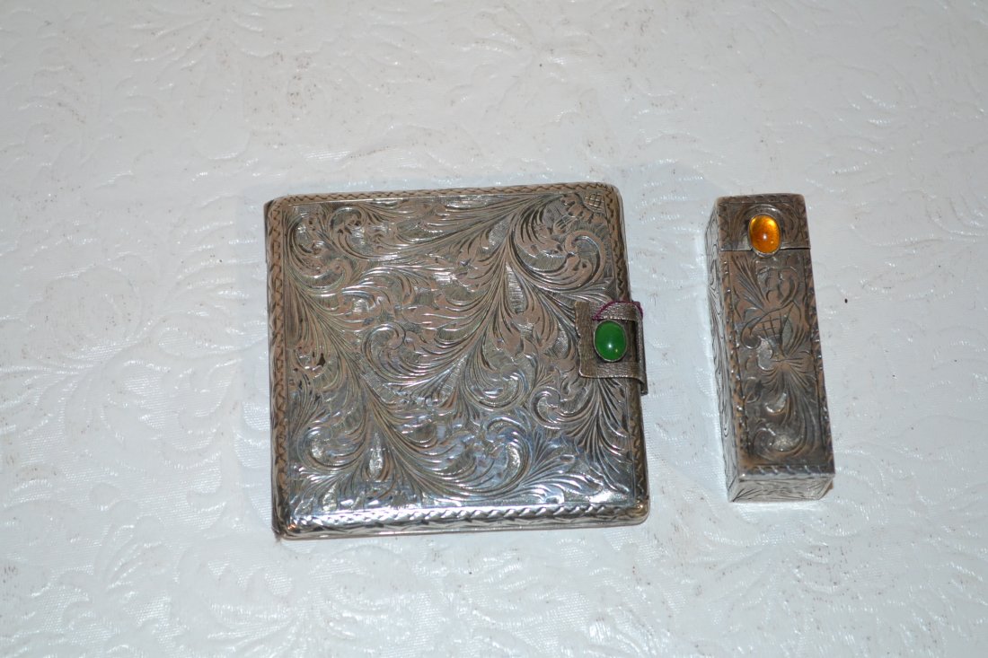 800 SILVER ETCHED COMPACT & LIPSTICK HOLDER WITH: STONE CLASPS - 3/4" x 3/4" x 2 1/2" & 2 3/4" x 2 3/4"