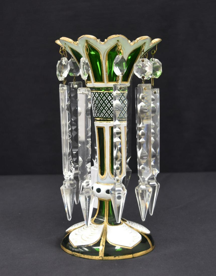 BOHEMIAN OVERLAY GLASS LUSTRE: BOHEMIAN WHITE OVERLAY GREEN GLASS LUSTRE WITH PRISMS - 4 1/2' x 10"