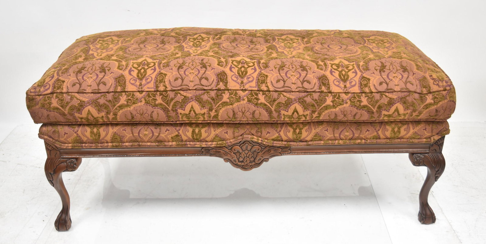CHIPPENDALE STYLE UPHOLSTERED BENCH: CHIPPENDALE STYLE UPHOLSTERED BENCH WITH CLAW FEET - 54" x 27" x 49"