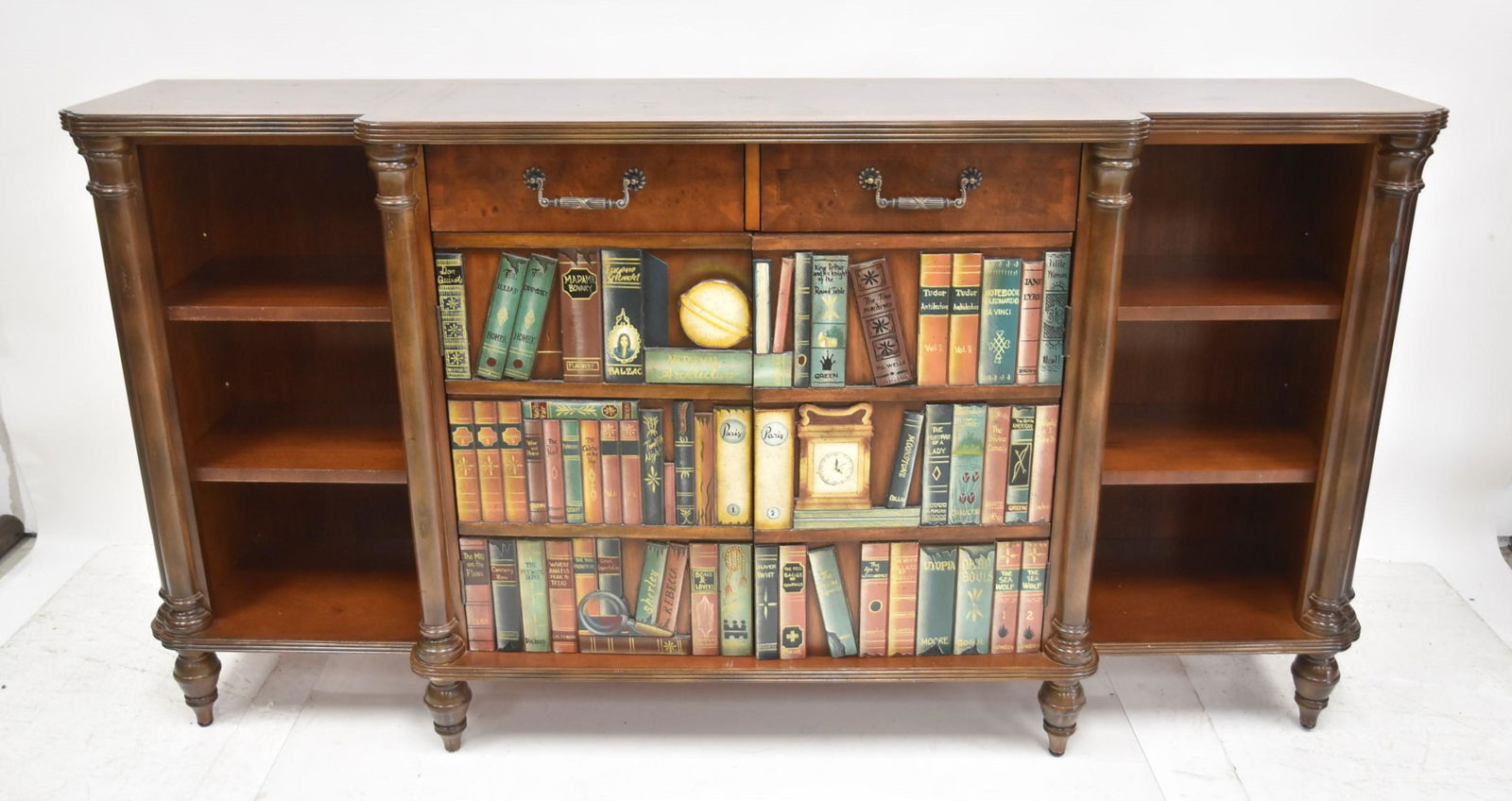 MAITLAND SMITH FAUX BOOK CREDENZA CABINET: MAITLAND SMITH CREDENZA CABINET WITH FAUX BOOK DOORS & LEATHER TOP - 64" x 13" x 35 1/2"