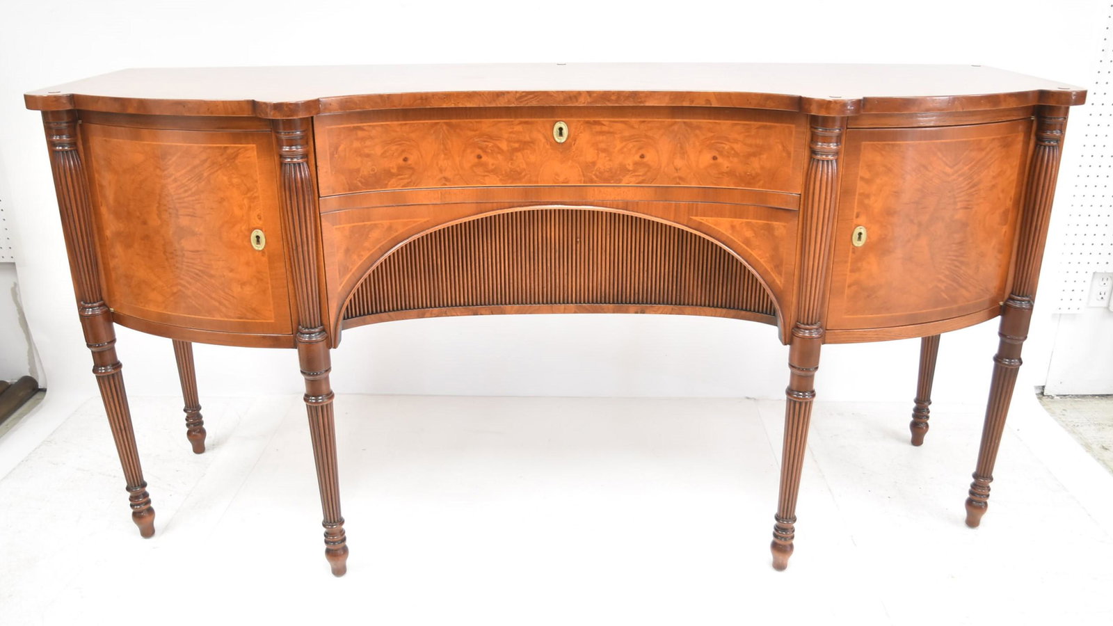 FRANCESCO MOLON BURLED SIDE BOARD CABINET: FRANCESCO MOLON BURL WOOD SIDEBOARD WITH RIBBED LEGS - 74" x 22 1/2" x 36"