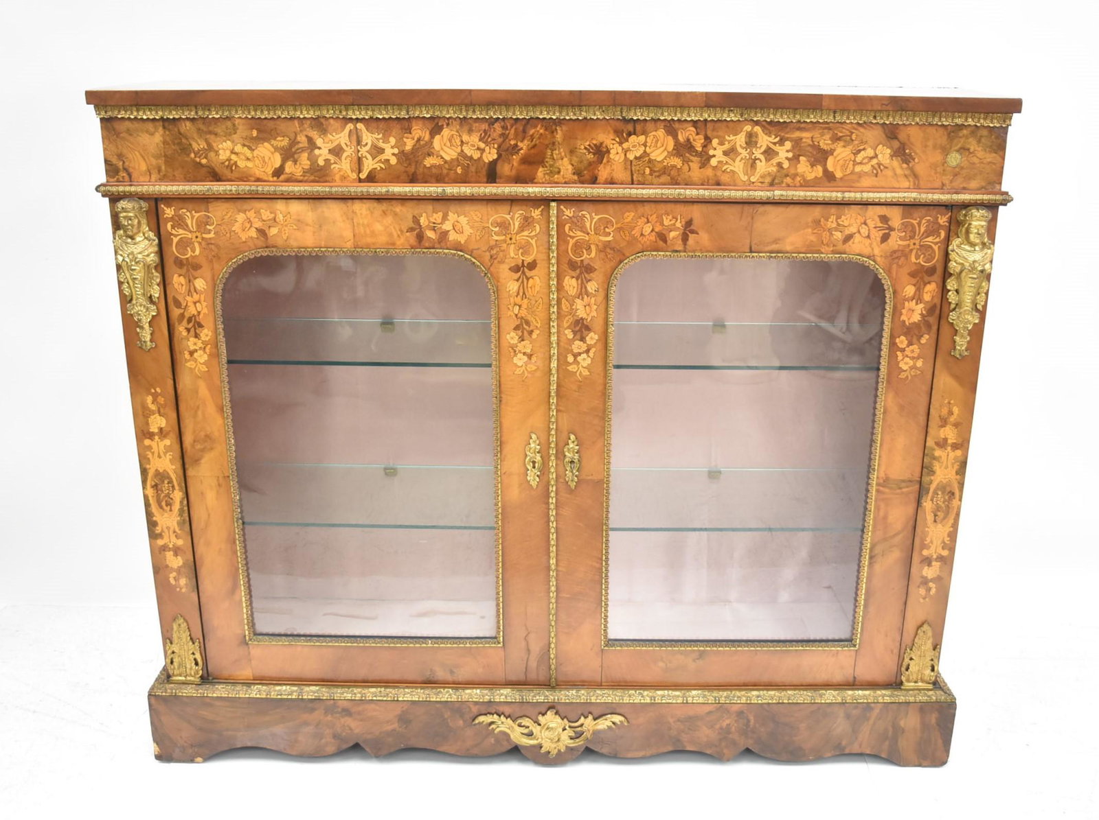 BRONZE MOUNTED MARQUETRY INLAY CABINET: 2-DOOR FLORAL MARQUETRY INLAID CABINET WITH FIGURAL BRONZE MOUNTS WITH THE BRITISH ANTIQUE DEALERS ASSOCIATION CUSTOMS STAMP - 53" x 13" x 45"