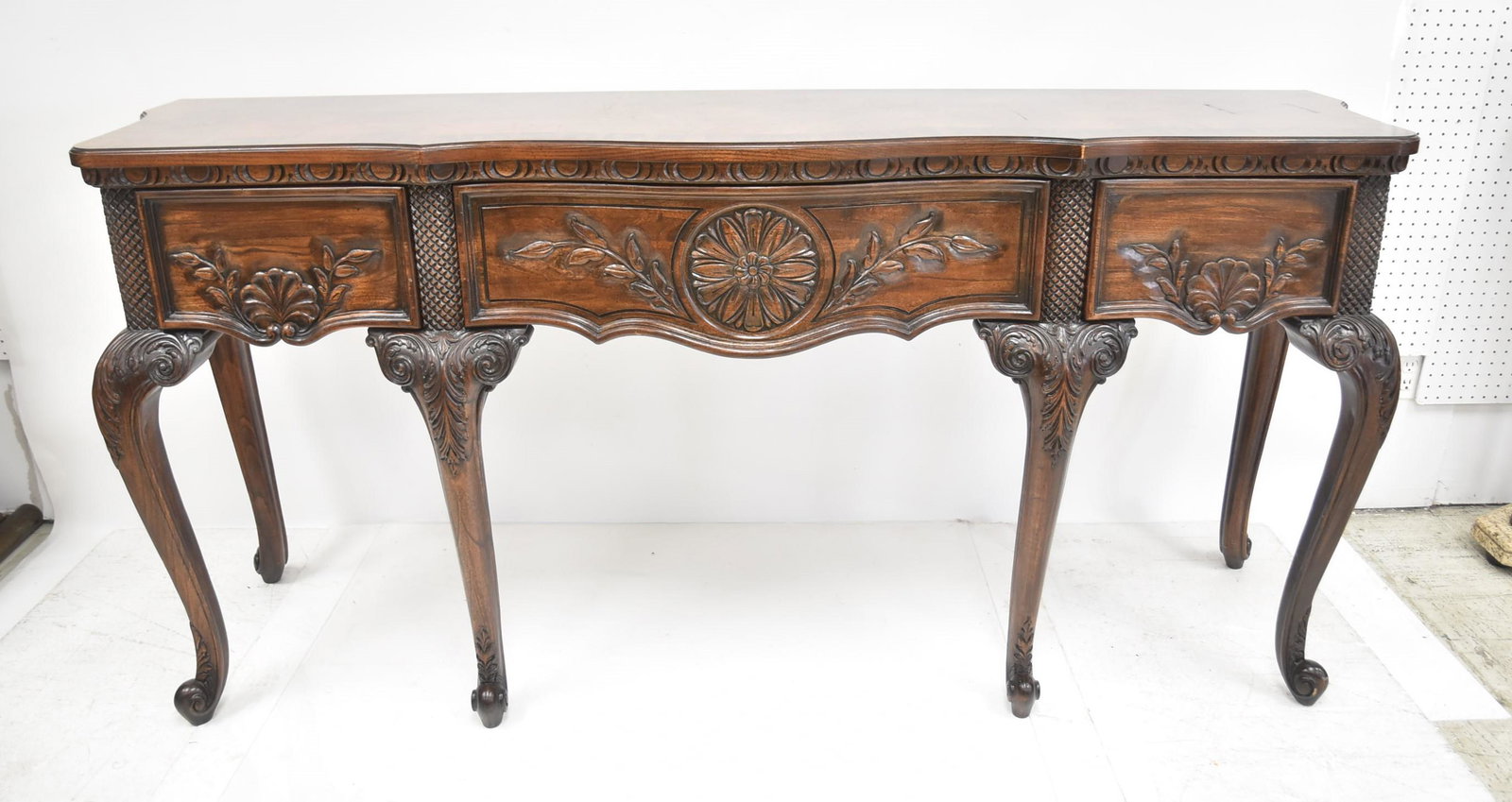 HEKMAN PARQUETRY INLAID SIDEBOARD: HEKMAN BANDED SIDEBOARD WITH PARQUE TOP & CABRIOLE LEGS -76" x 20" x 36 1/2"
