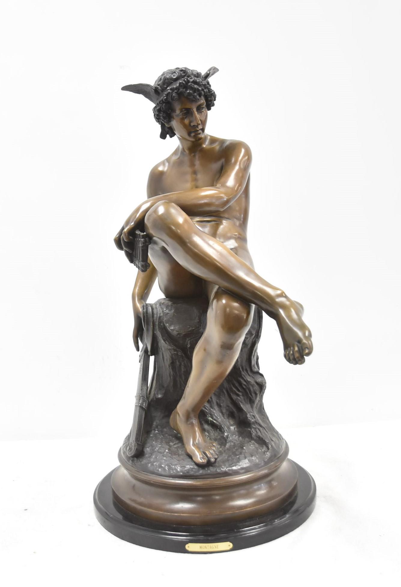 PIERRE MARIUS MONTAGNE , LARGE BRONZE MERCURY: AFTER . ATTRIBUTED TO PIERRE MARIUS MONTAGNE (FRENCH, 1828-1879) LARGE BRONZE SEATED MERCURY / HERMES , SIGNED MONTAGNE , ON SIDE - 14" x 17" x 33"