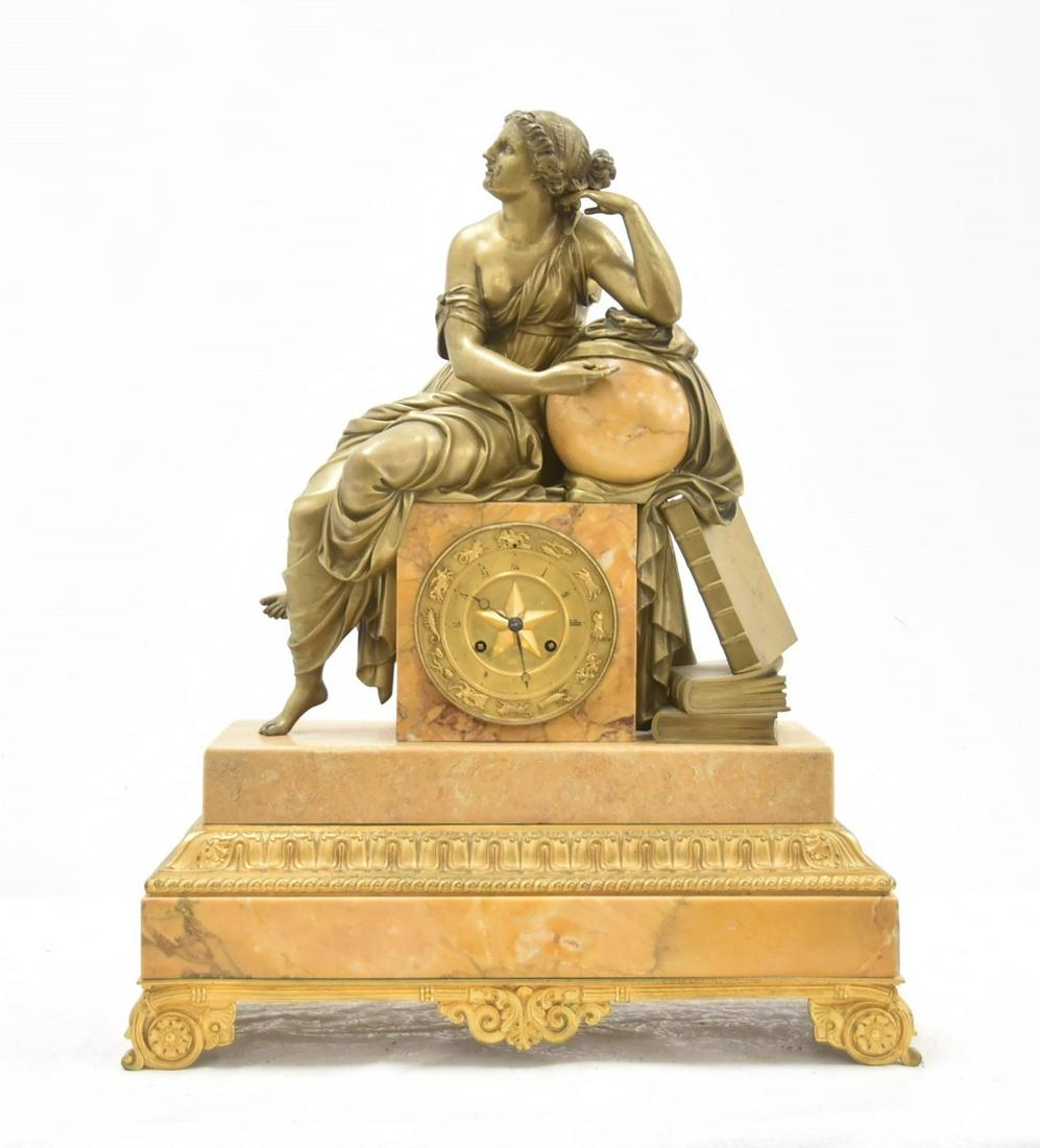 FRENCH RESTORATION SIENNA MARBLE & BRONZE CLOCK: 1823 FRENCH RESTORATION EMPIRE SIENNA MARBLE & BRONZE CLOCK WITH BRONZE GREEK GODDESS "URANIA" PATRON OF ASTRONOMY LEANING ON GLOBE WITH PROTRACTOR & BOOKS - 19 1/2" x 8 1/2" x 24 1/2"