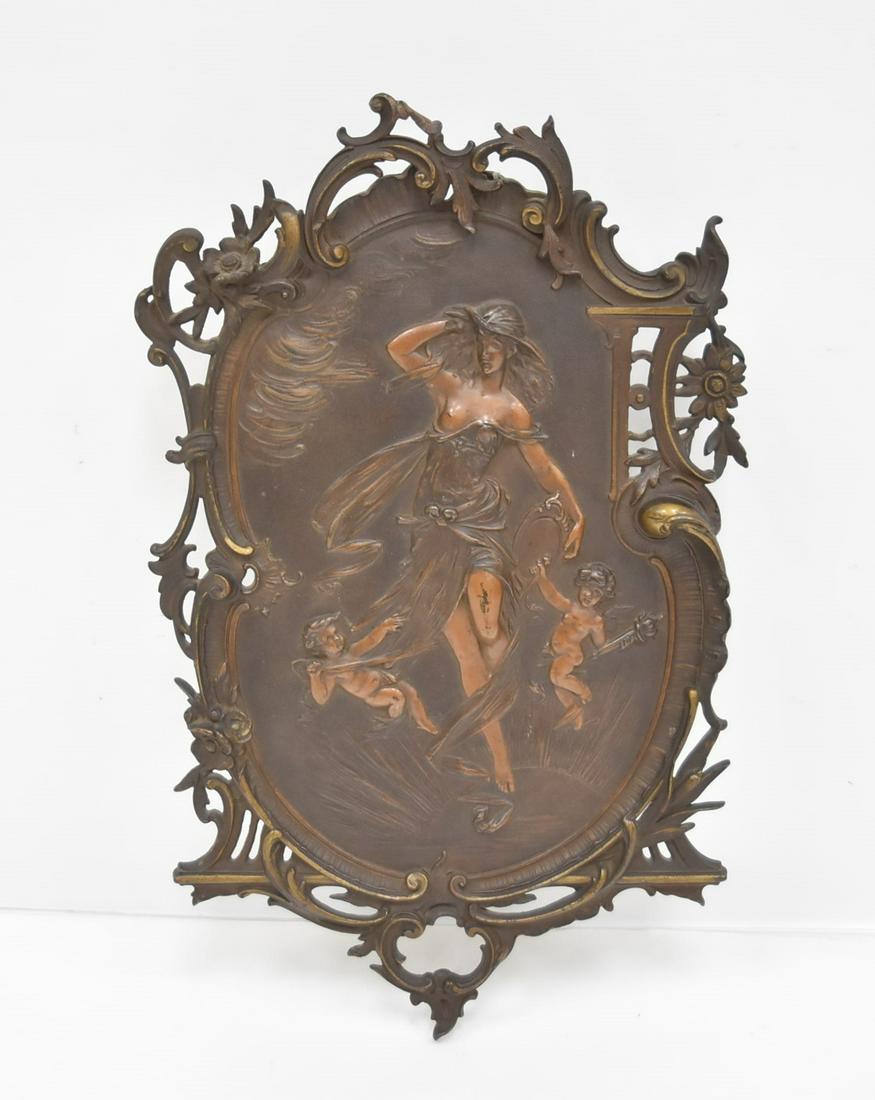 FRENCH BRONZE RELIEF PLAQUE OF WOMAN WITH PUTTIS: FRENCH BRONZE ALLEGORICAL RELIEF PLAQUE WITH WOMAN & PUTTIS - 14" x 23"