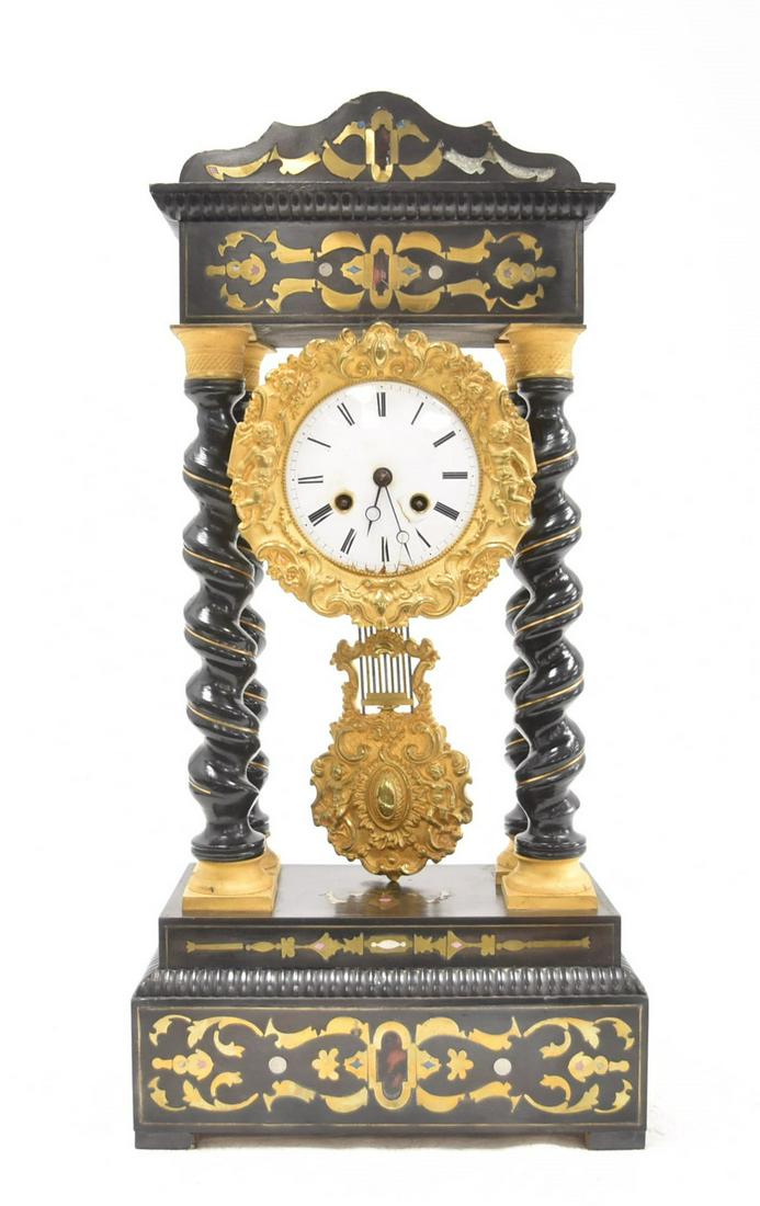 FRENCH NAPOLEON III EBONIZED PORTICO CLOCK: FRENCH NAPOLEON III EBONIZED WOOD PORTICO CLOCK UNDER DOME WITH TWISTED COLUMNS & BRASS BOULLE INLAY DESIGNS ; WITH MARTI FRENCH MOVEMENT - 10" x 7" x 21" (ONE BRASS INLAY MISSING & CRACK ON SIDE OF D