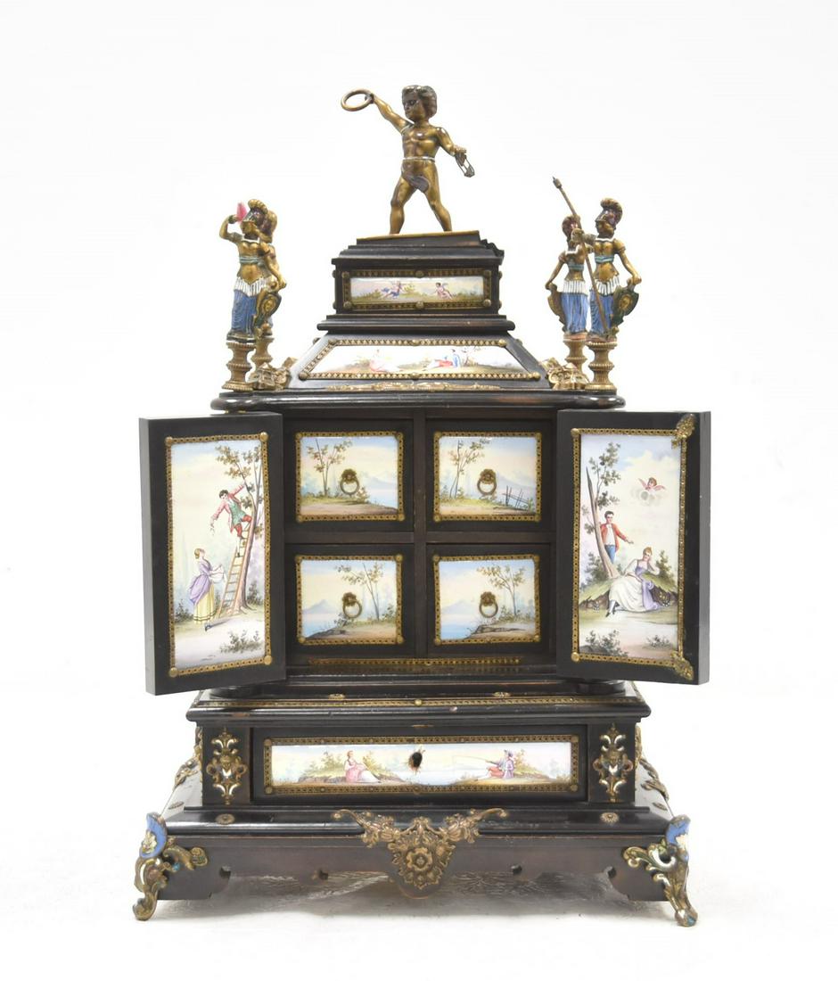 LARGE AUSTRIAN VIENNESE ENAMEL JEWELRY BOX: LARGE 19thC VIENNESE ENAMEL & LACQUERED WOOD JEWELRY BOX WITH BRONZE MOUNTS ; ANTIQUE AUSTRIAN EBONIZED WOOD JEWELRY BOX WITH FINE VIENNESE ENAMEL INSERTS OF FIGURAL GROUPING SCENES , HAVING ENAMELED 