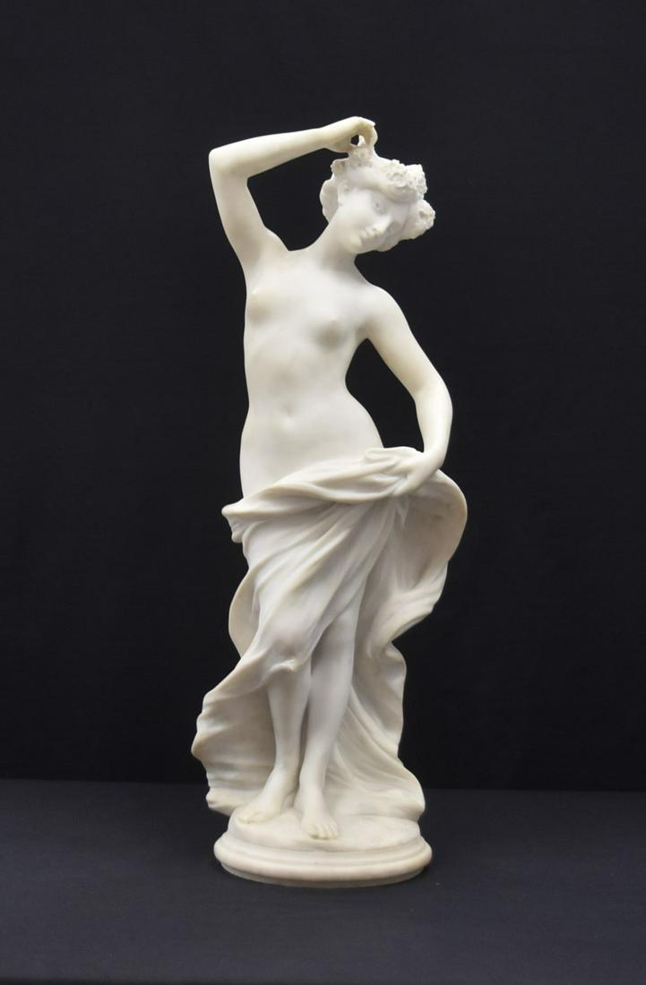 ATTR LUCA MADRASSI , CARVED MARBLE DANCING NUDE: ATTR LUCA MADRASSI (FRENCH, ITALIAN - 1848-1919) CARVED ITALIAN MARBLE SCULPTURE OF DANCING NUDE BACCHANTE , SIGNED L. MADRASSI - 9 1/2" x 8" x 28" (SOME LOSS TO FINGERS)