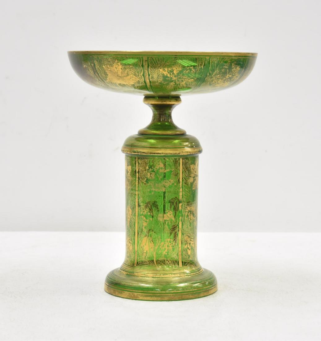 LARGE BOHEMIAN MOSER GLASS TAZZA: LARGE BOHEMIAN GREEN GLASS TAZZA WITH GOLD DECORATIONS - 9" x 11 1/4"