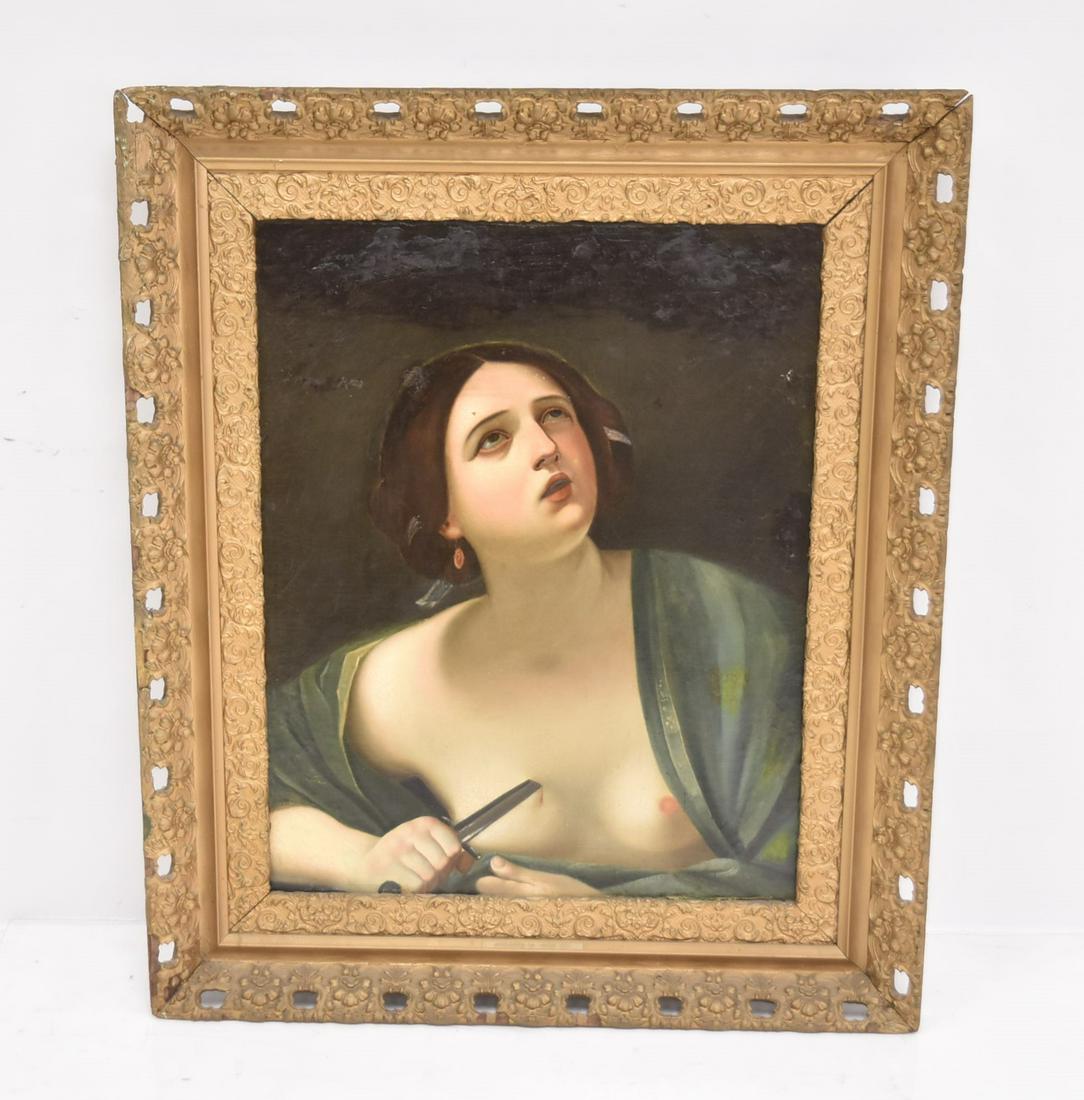 18thC OIL ON CANVAS OLD MASTER PORTRAIT "LUCRETIA": CIRCLE / SCHOOL OF GUIDO RENI (ITALY, 1575-1642) ATTRIBUTED TO THE SCHOOL OF / CIRCLE OF GUIDO RENI , 17th - 18thC OLD MASTER OIL ON CANVAS PORTRAIT OF LUCRETIA - 22" x 28" ; 31" x 37" IN GILTWOOD FRA