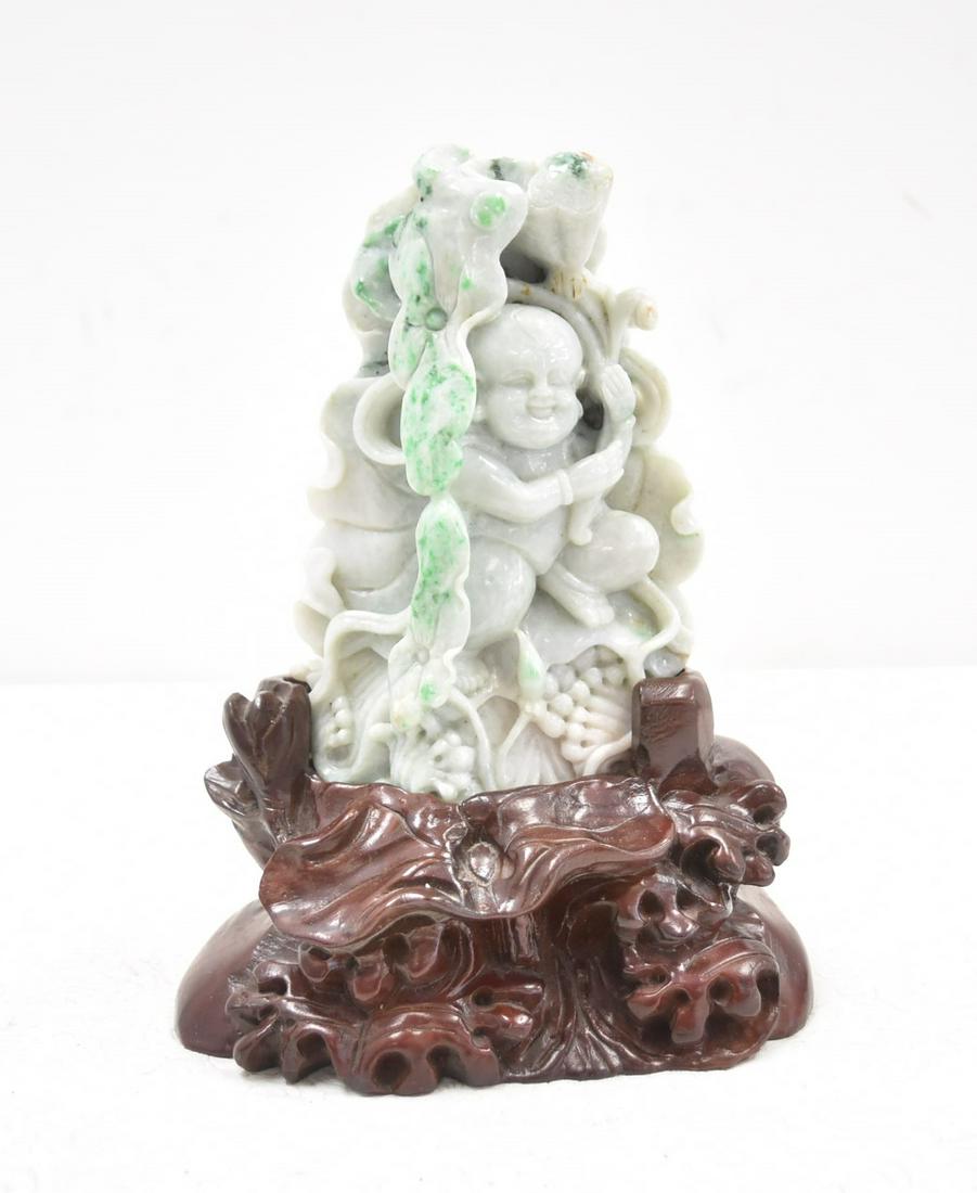 CHINESE CARVED JADE BUDDHA ON STAND: CHINESE CARVED JADE BUDDHA ON WOOD STAND - 6" x 3" x 9"
