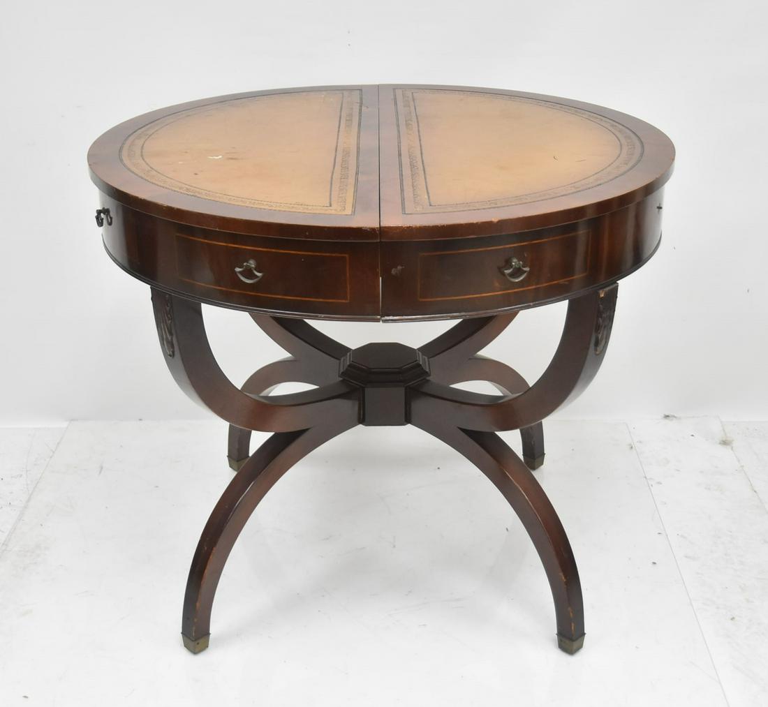 ROUND MAHOGANY LEATHER TOP EXTENSION TABLE: ROUND MAHOGANY LEATHER TOP TABLE - 36" x 30" (NO LEAVES)