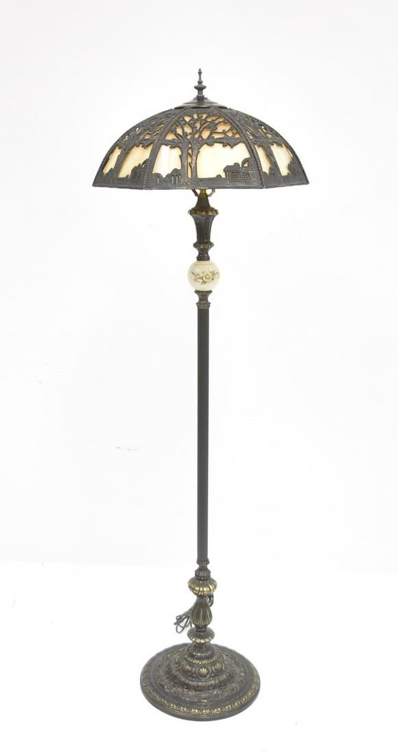 6-PANEL SLAG GLASS SHADE FLOOR LAMP: 6-PANEL SLAG GLASS FLOOR LAMP WITH SLAG GLASS SHADE & PATINATED BASE - 15" x 54" OVERALL