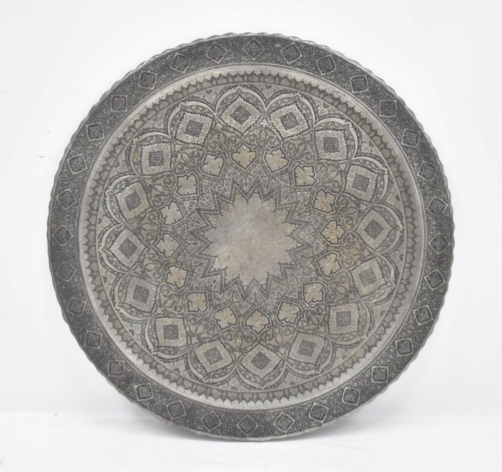 LARGE MIDDLE EASTERN SILVER ON COPPER TRAY: LARGE MIDDLE EASTERN RELIEF SILVER ON COPPER TRAY - 32"