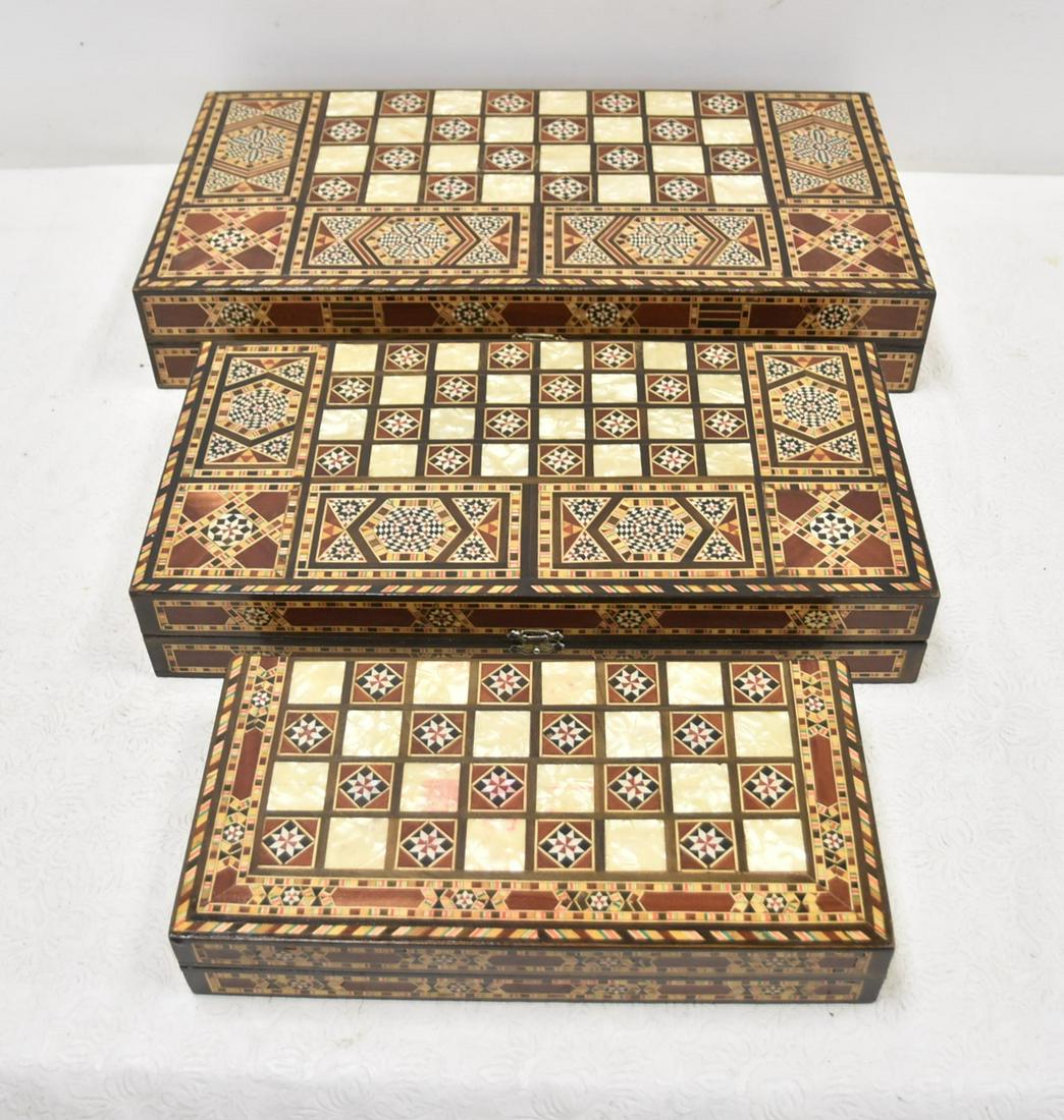 (3) MOROCCAN - SYRIAN MULTI GAME BOARDS: (3) INLAID MOROCCAN / SYRIAN CHESS CHECKER BACK GAMMON GAME BOARDS - LARGEST IS 19 1/2" x 19 1/2" x 1 3/4"