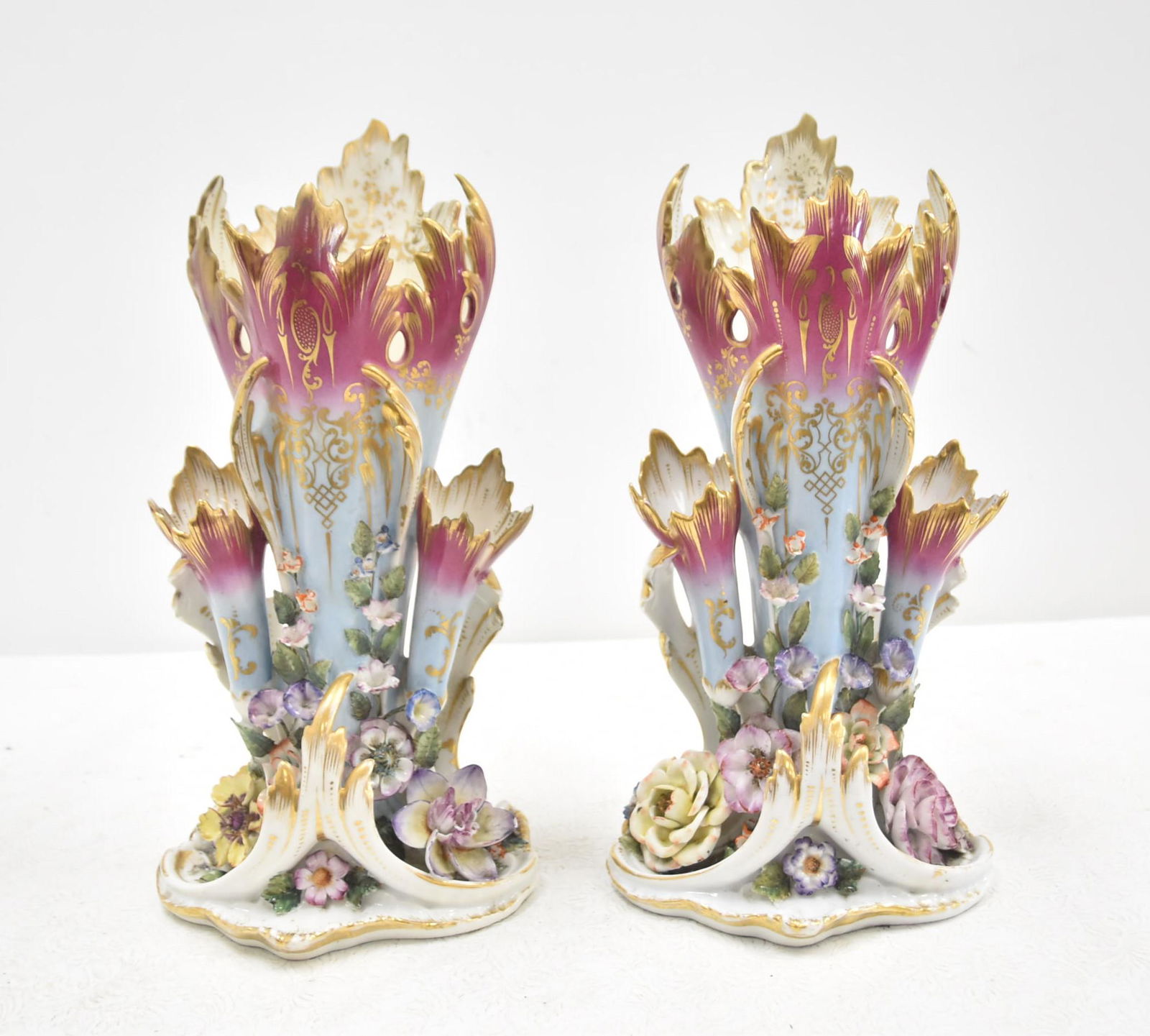 (pr) Antique Old Paris Vases With Encrusted Flower Auction