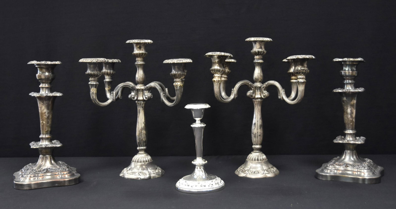 (5) SILVER PLATE CANDLE STICK LOT: (Pr) GODINGER 5-LIGHT SILVER PLATE CANDELABRAS / (Pr) ROGERS SILVER PLATE CANDLE STICKS / SILVER PLATE CANDLE STICK - CANDELABRAS ARE 10" x 10 " x 14"