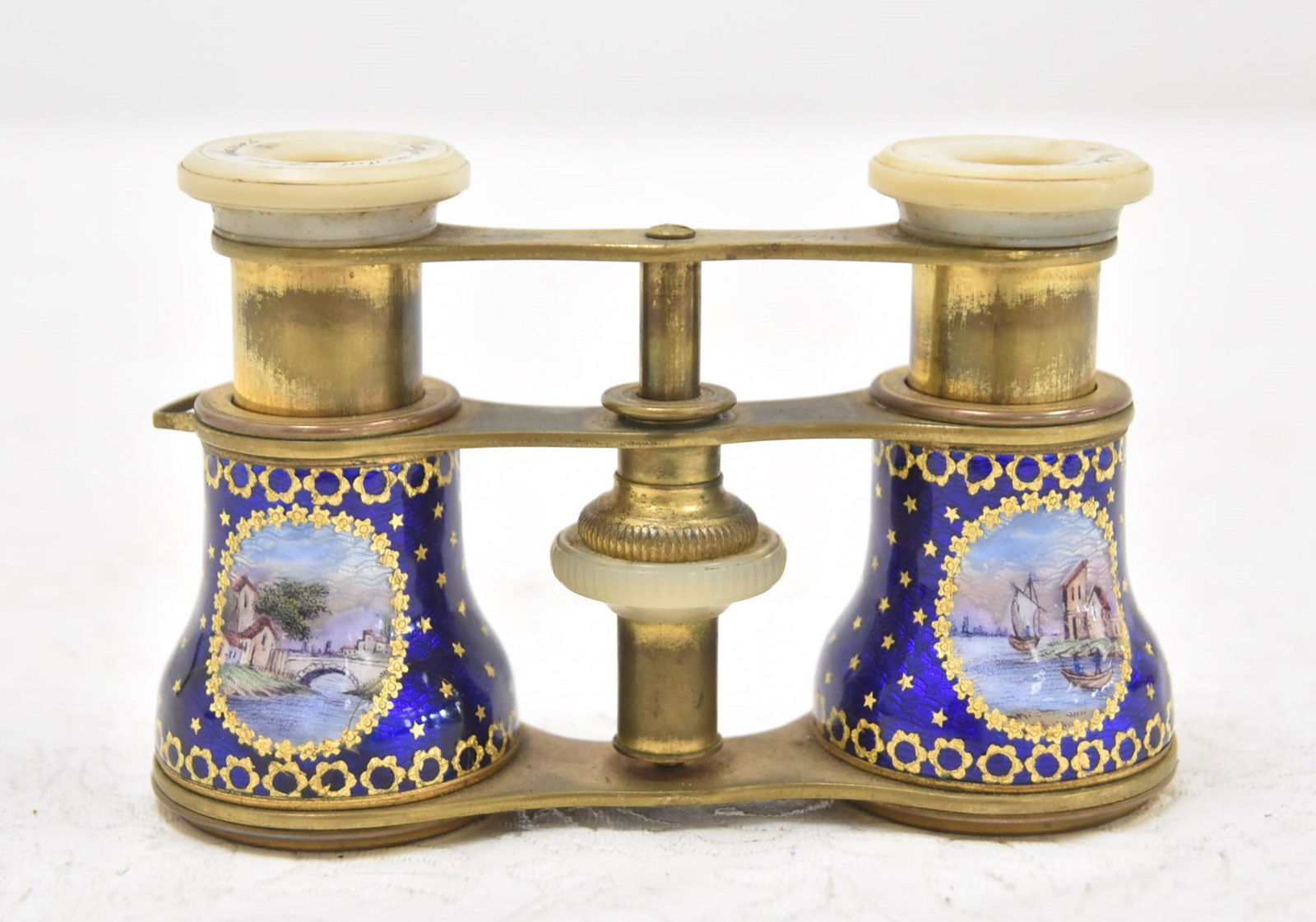 H. WALDSTEIN , FRENCH ENAMEL OPERA GLASSES: (Pr) 19thC FRENCH ENAMELED OPERA GLASSES WITH (4) LANDSCAPE MEDALLIONS , MARKED H. WALDSTEIN OPTICIANS PRIZE MEDAL OPERA GLASSES - 3 1/4" x 1 1/4" x 2 1/4" (WITH ORIGINAL CASE ; CASE HAS SOME LOSS)