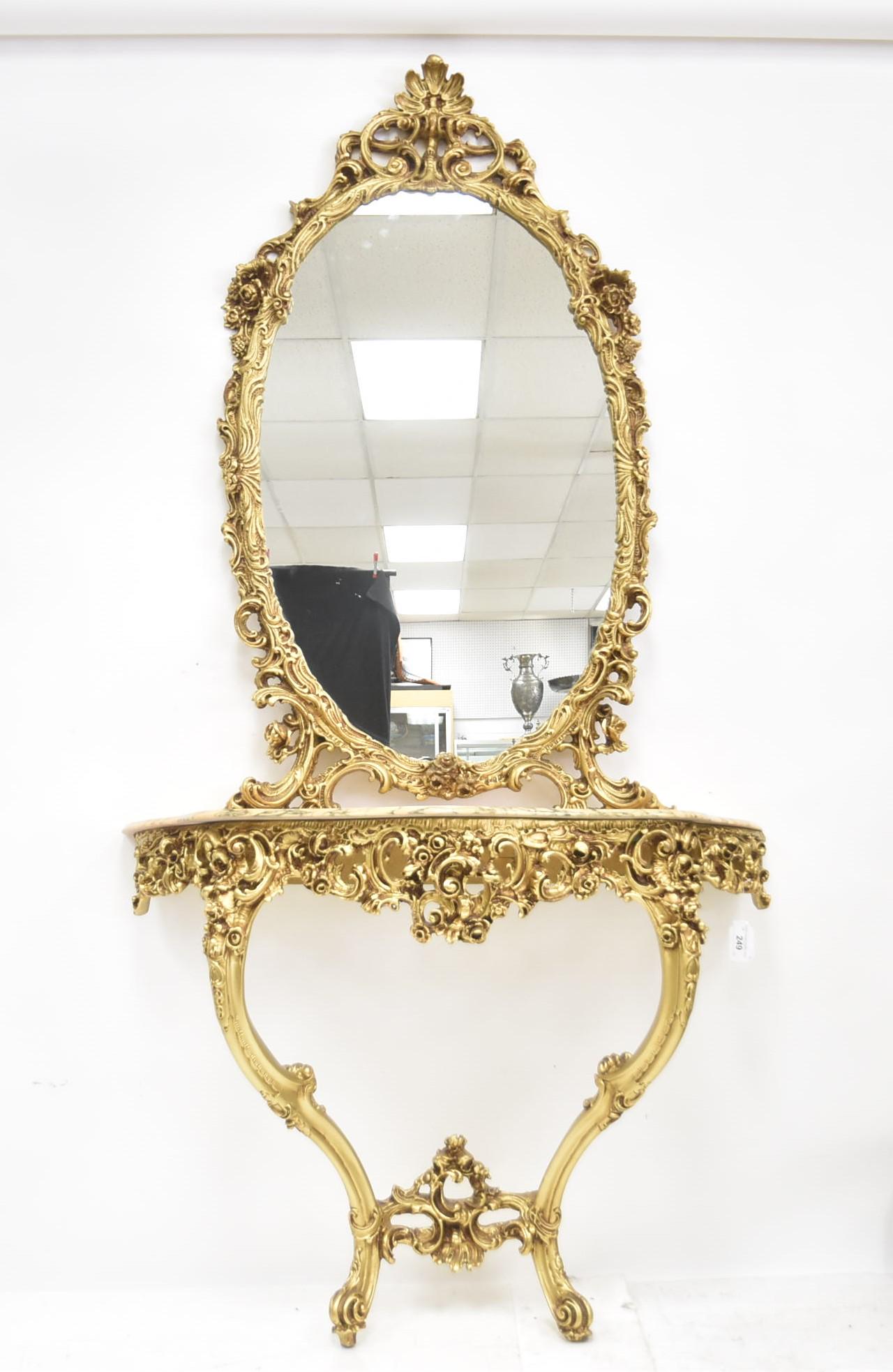 FRENCH STYLE GILDED CONSOLE & MIRROR: FRENCH STYLE GILT MARBLE TOP CONSOLE WITH MATCHING MIRROR - CONSOLE IS 43" x 14 x 34" ; MIRROR IS 28" x 53"