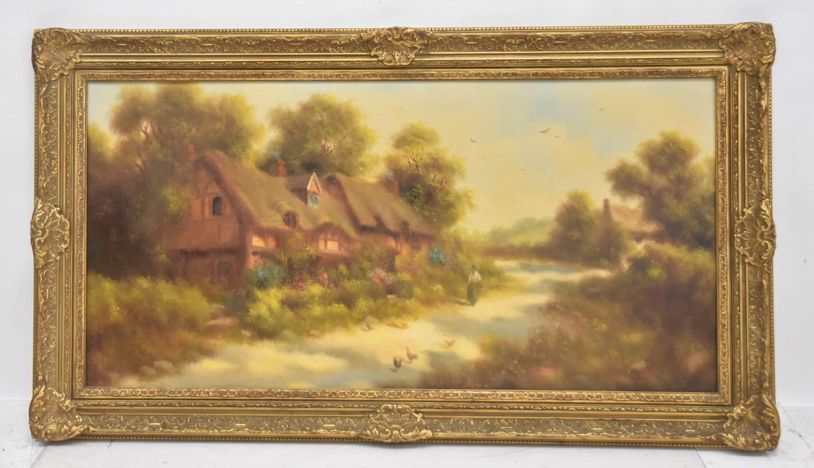 LARGE OIL ON CANVAS COTTAGE LANDSCAPE: SET IN GILT FRAME - 48" x 24" ; 55" x 31"