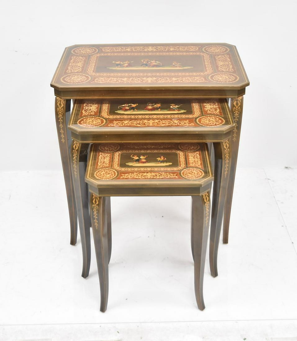 (3) ITALIAN INLAID NESTING TABLES: (3) ITALIAN INLAID NESTING TABLES WITH FIGURAL DANCING SCENES - LARGEST IS 26" x 18" x 25" (SOME SCRATCHES)