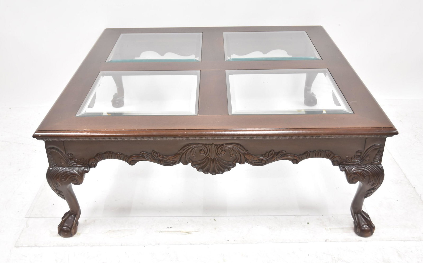 CHIPPENDALE MAHOGANY COFFEE TABLE: WITH CLAW FEET & GLASS INSERTS - 42" x 42" x 16"