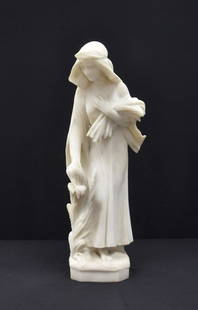 ATTR DANTE ZOI , CARVED ALABASTER HARVESTER: DANTE ZOI (Act 1880-1920) ITALIAN CARVED ALABASTER "AUTUMN" STATUE OF WOMAN HOLDING WHEAT , SIGNIFYING AUTUMN OF THE 4 SEASONS - 12" x 24"