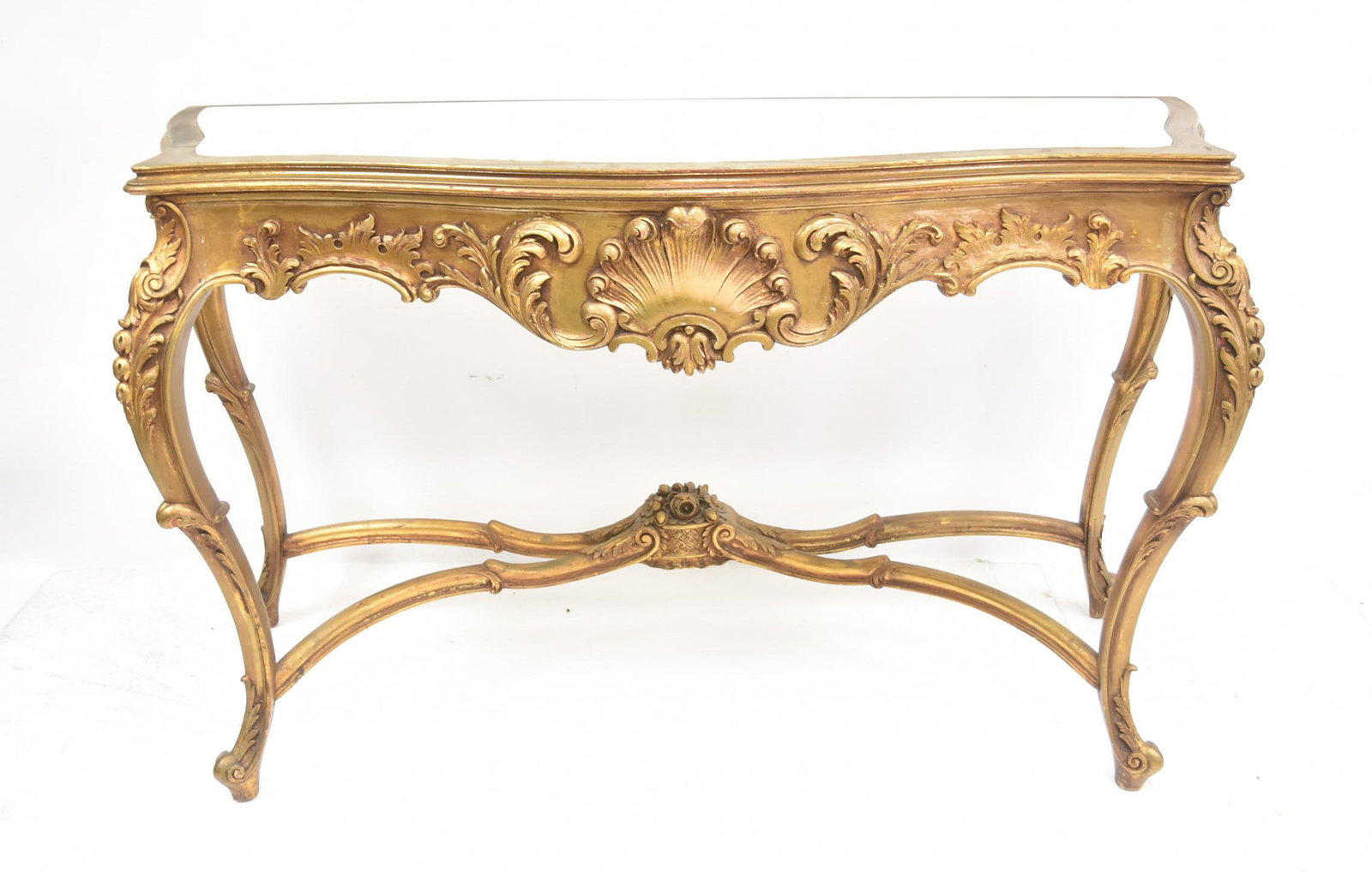LXV FRENCH STYLE GILTWOOD CONSOLE: LARGE FRENCH STYLE GILTWOOD CONSOLE WITH MARBLE INSERT - 52" x 22" x 36"
