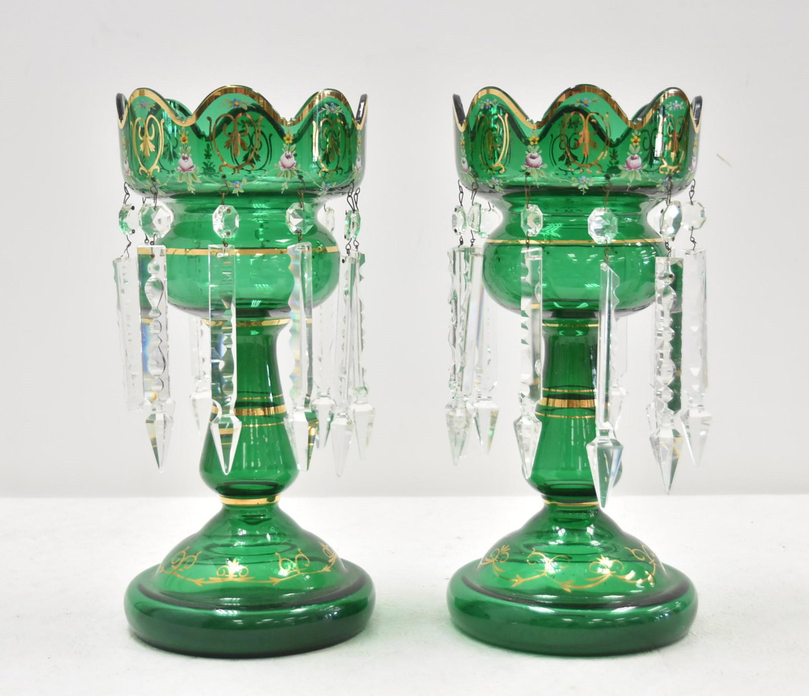 (Pr) CZECHOSLAVAKIAN GREEN GLASS ENAMELED LUSTRES (1 of 10)