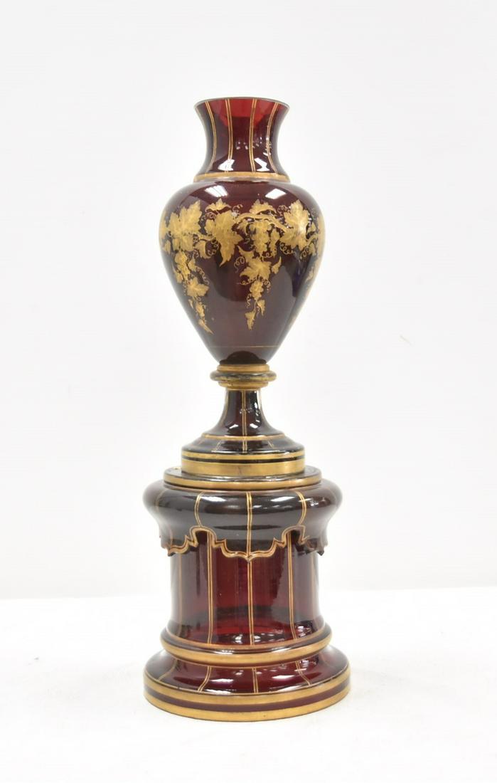 3-PART BOHEMIAN RUBY & GLASS VASE ON PEDESTAL (1 of 15)