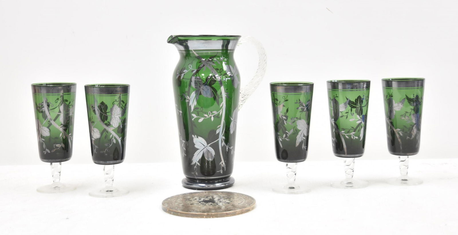 GREEN SILVER OVERLAY LEMONADE PITCHER & GLASSES: SILVERY OVERLAY GREEN GLASS PITCHER - 10 3/4" TALL & (5) GLASSES- 7 1/2" TALL / WHITING STERLING OVERLAY WINE COASTER -