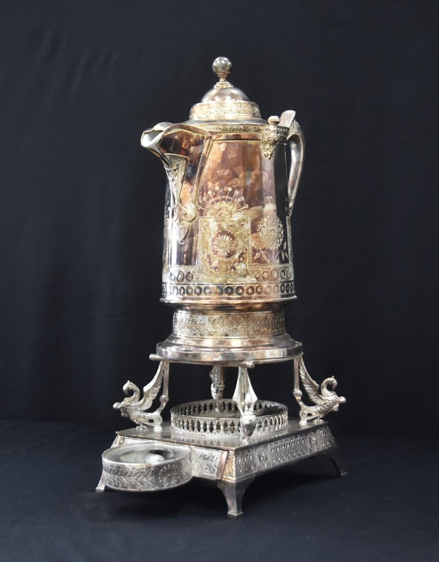 LARGE REED & BARTON SILVER PLATE KETTLE ON STAND (1 of 20)