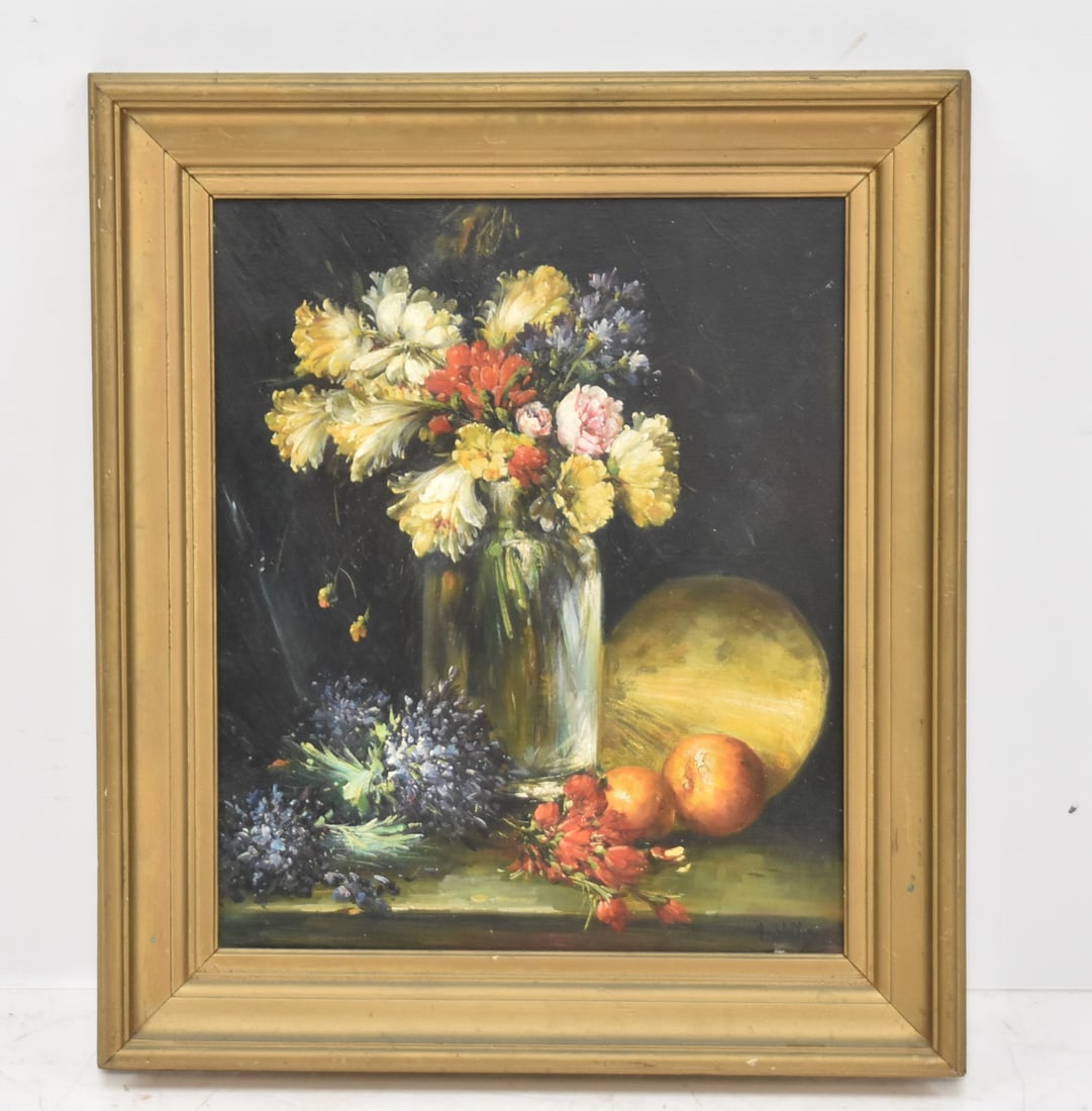 ANTOINE VOLLON , OIL ON CANVAS FLOWER STILL LIFE: ANTOINE VOLLON (FRENCH, 1833-1900) OIL ON CANVAS FLOWERS IN VASE , FLORAL STILL LIFE STUDY , SIGNED A. VOLLON , LOWER RIGHT - OIL IS 18" x 22" ; 24" x 28" OVERALL