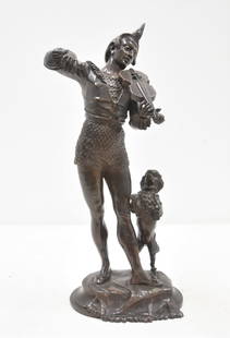 ALRED BARYE , BRONZE CIRCUS CLOWN WITH DOG: AFTER ALFRED BARYE (FRENCH, 1839-1882) BRONZE CIRCUS CLOWN PLAYING VIOLIN WITH POODLE AT SIDE , SIGNED BARYE - FILS - 8" x 6" x 21"