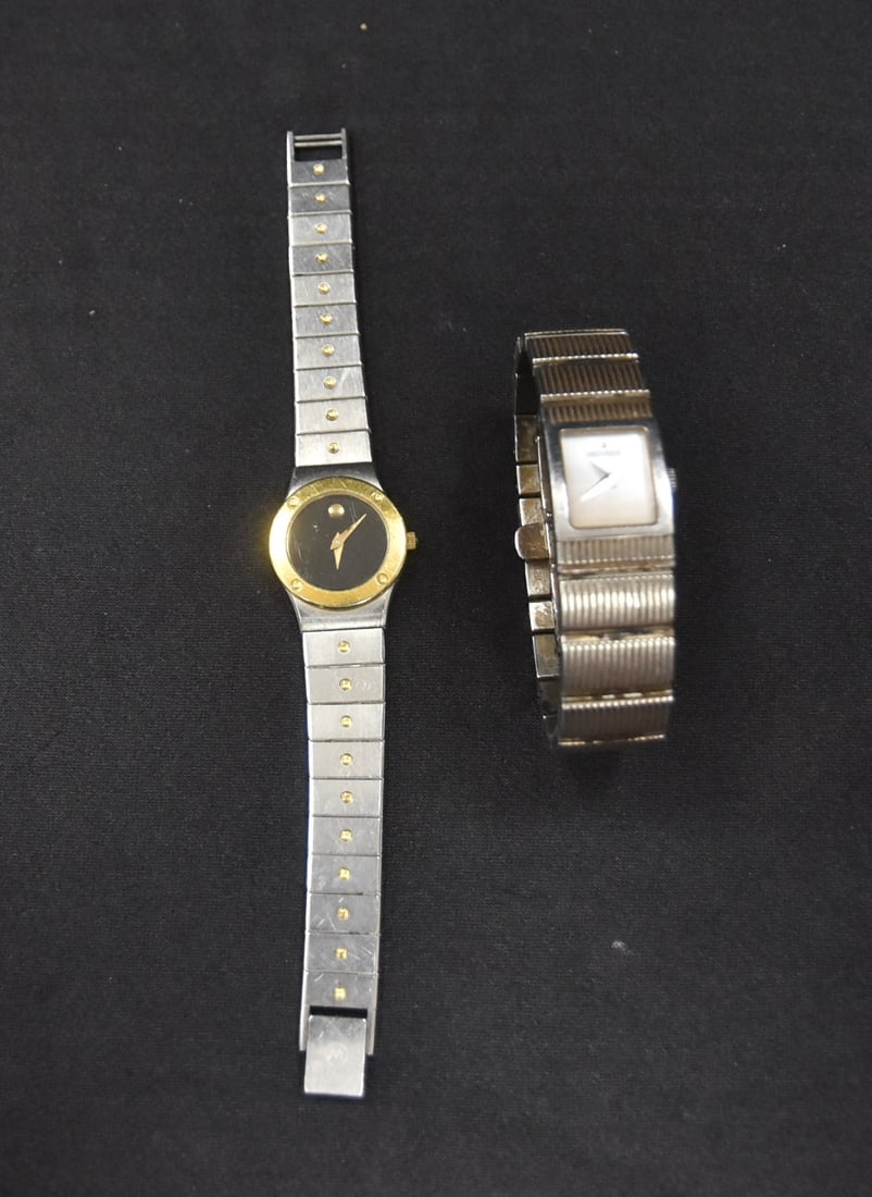 (2) MOVADO LADIES WATCHES: LADIES MOVADO BLACK FACE WATCH- 23mm / LADIES MOVADO MOTHER OF PEARL FACE WATCH -(SOME OVERALL WEAR )