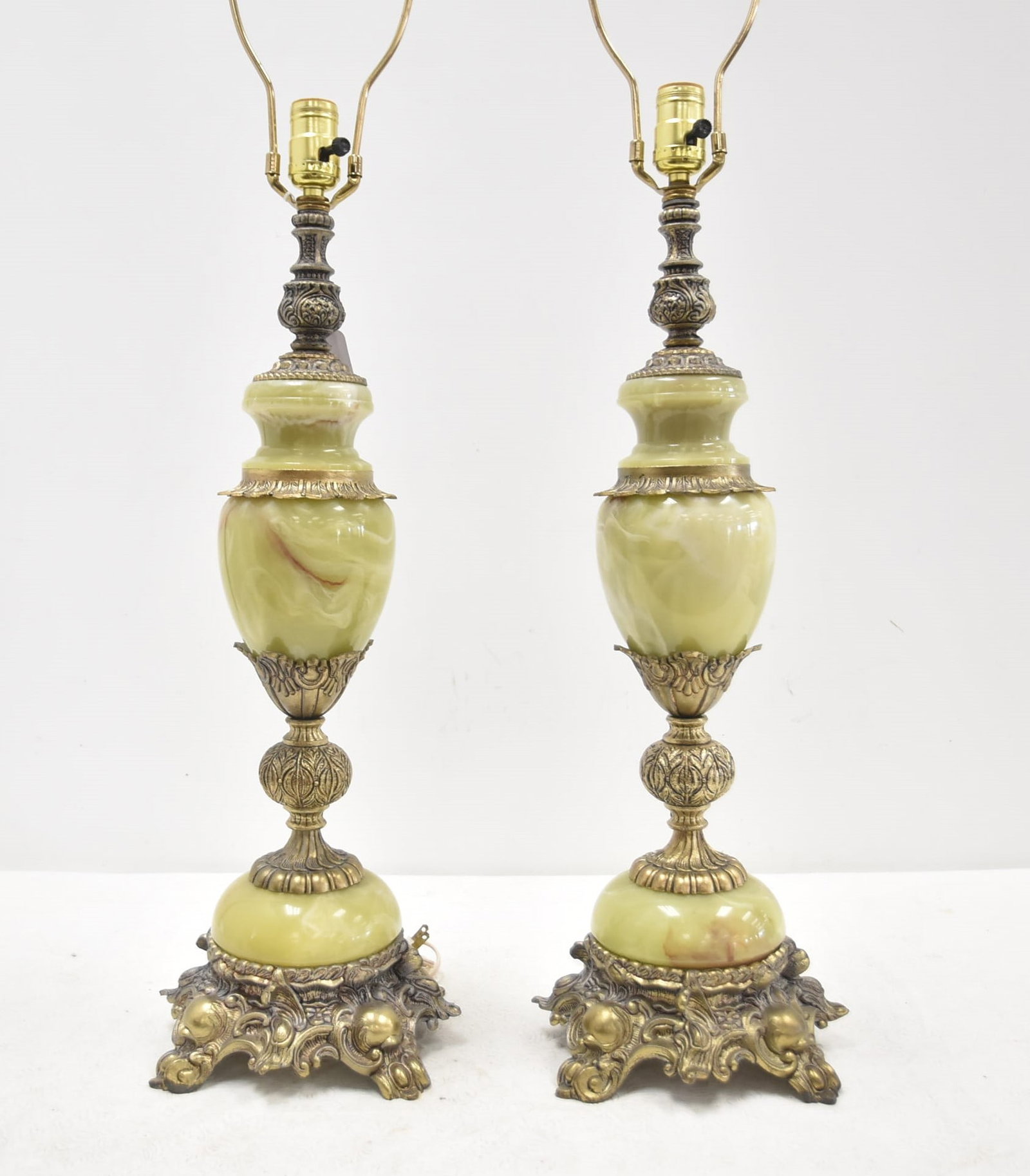 (Pr) GILT METAL & ONYX LAMPS: (Pr) ONYX LAMPS WITH GILDED METAL MOUNTS - 8" x 36" TO FINIAL