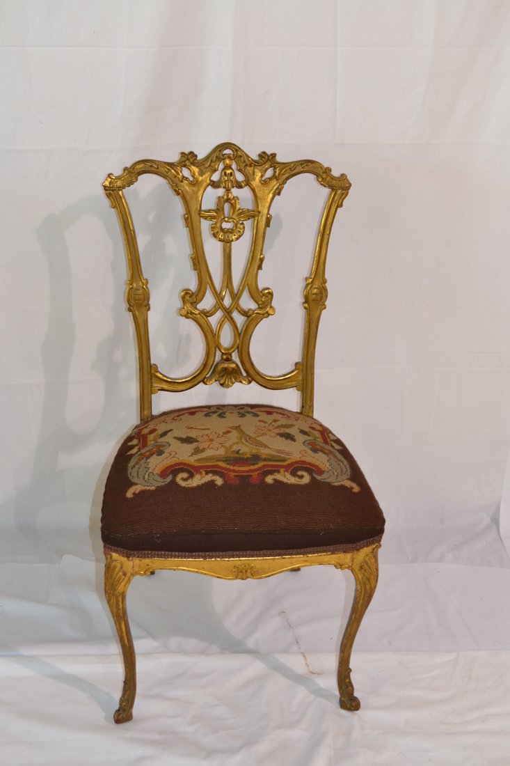 GILTWOOD BOUDOIR CHAIR WITH NEEDLEPOINT SEAT: & CABRIOLE LEGS - 18" x 17" x 34"